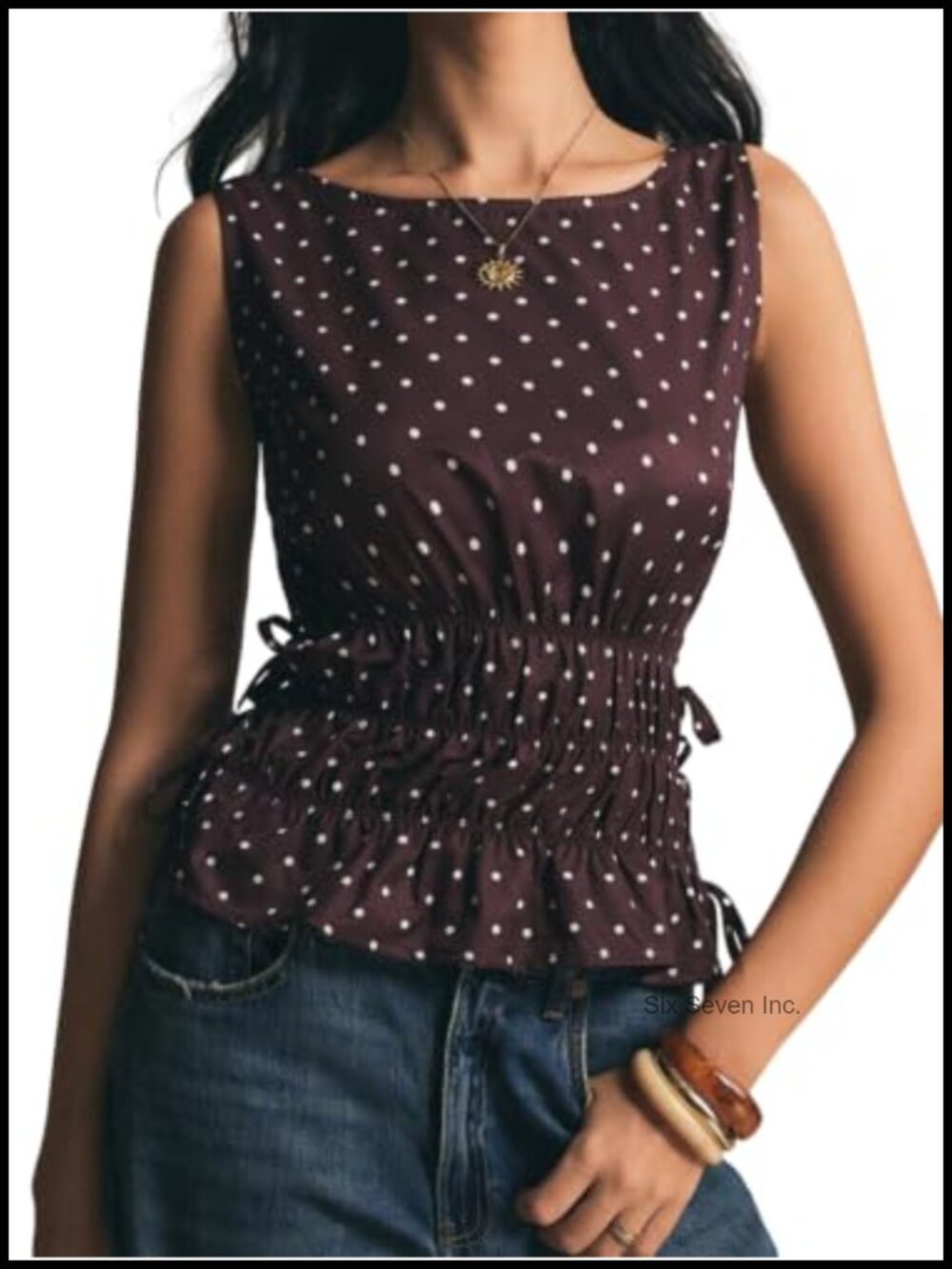 Sleeveless Smocked Peplum Tank Top Polka Dot Boat Neck Ruffle Hem
